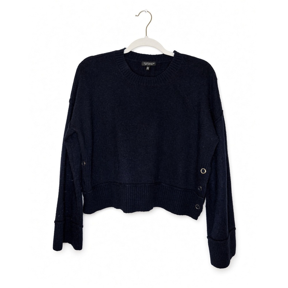 Topshop Black Cropped Knit Sweater Snap Side Detail Crew Neck Size 6